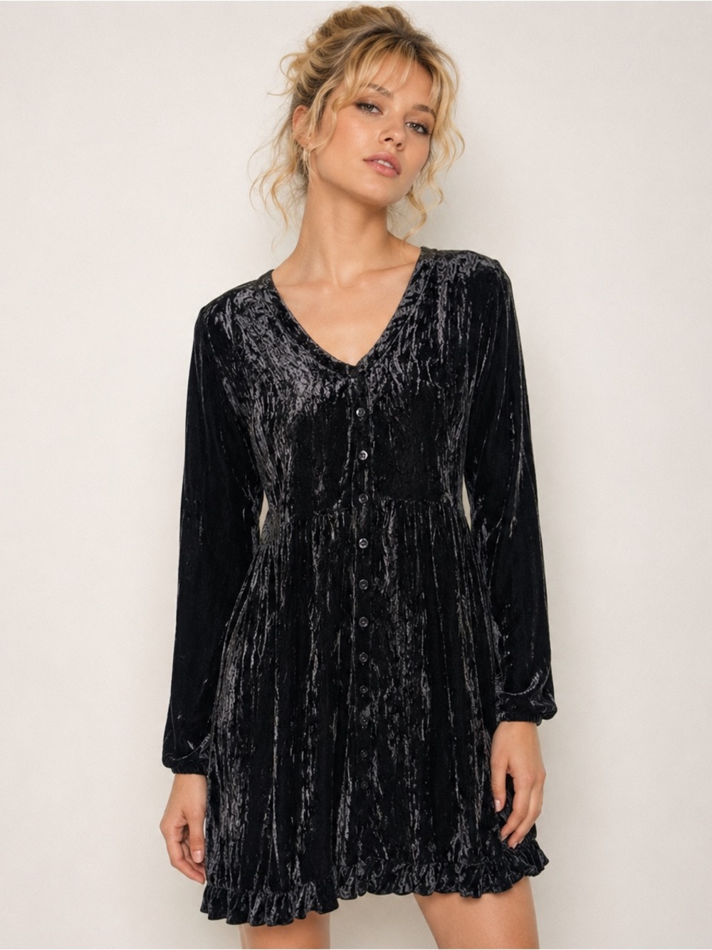 Nostalgia Black Crushed Velvet Dress Empire Waist Vintage 90s Mini Ruffle Size M
